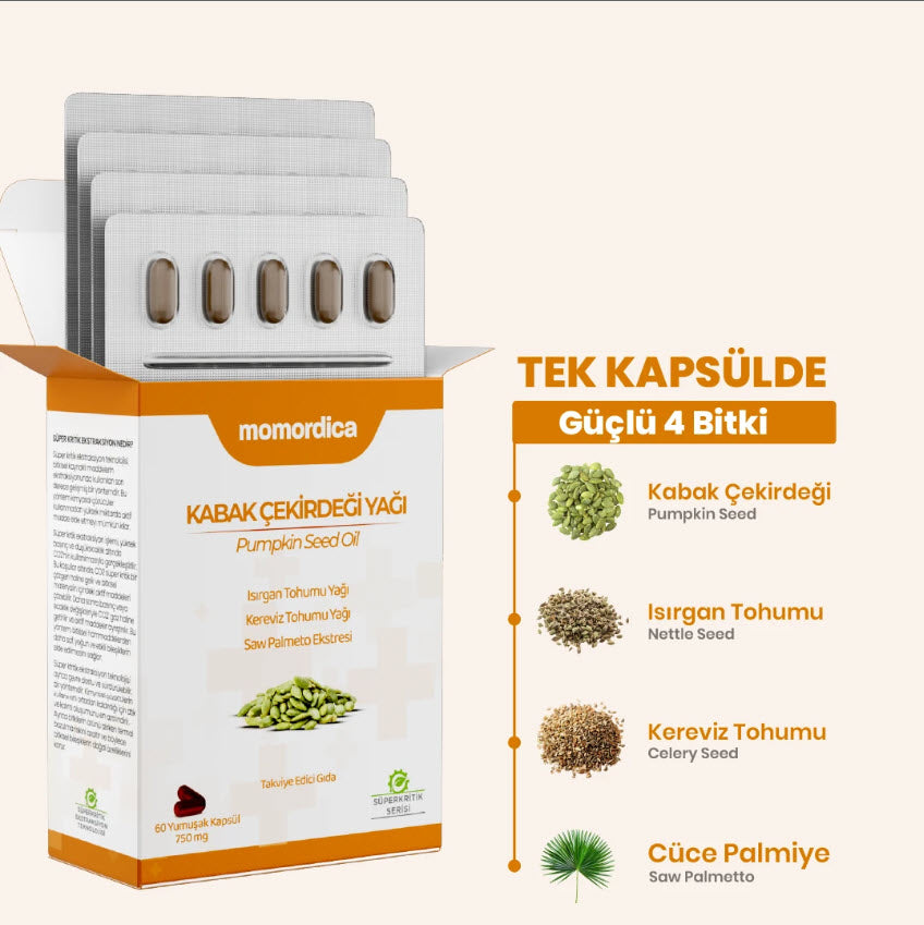 Momordica Kabak Çekirdeği Yağı 60 Kapsül - Isırgan Kereviz Cüce Palmiye - 750mg