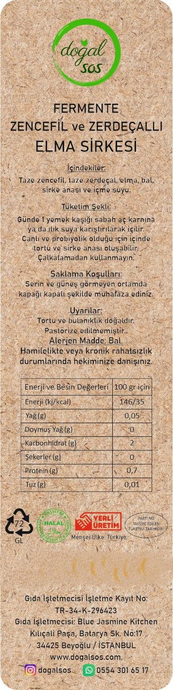 Fermente Zencefil ve Zerdeçallı Elma Sirkesi 250ml